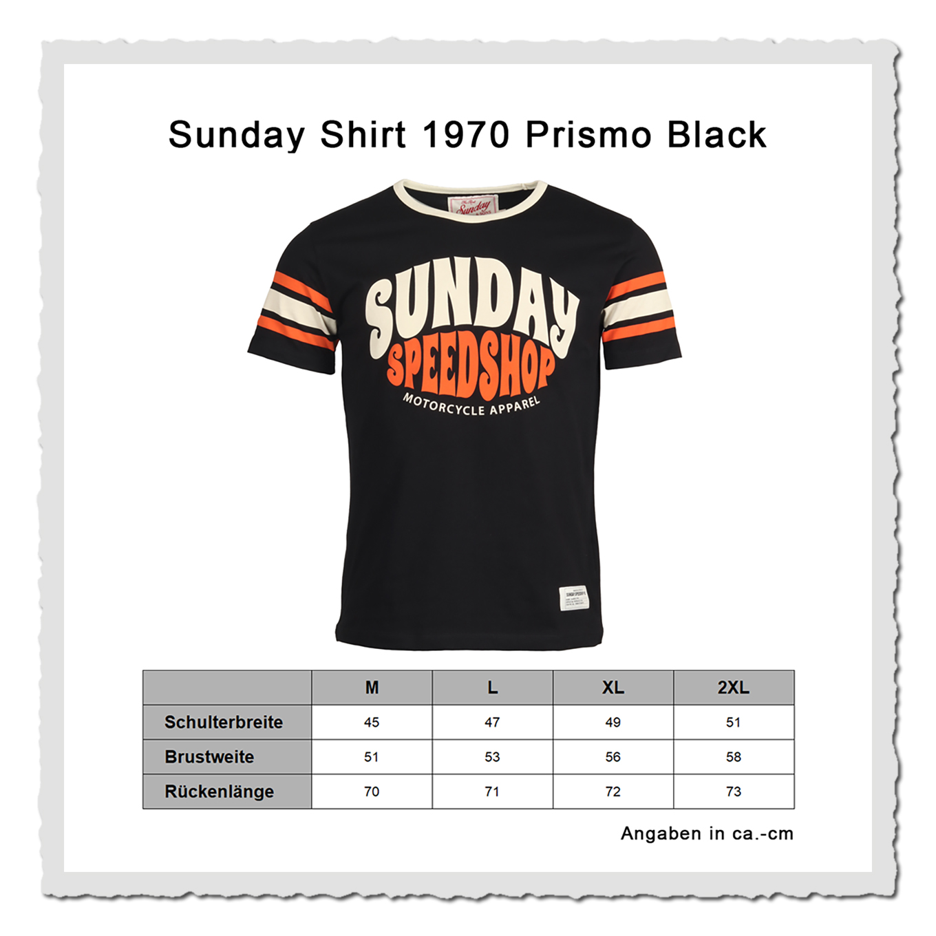 Produktbild mit schwarzem Sunday Speed Shop Shirt und Größentabelle auf weißem Hintergrund.